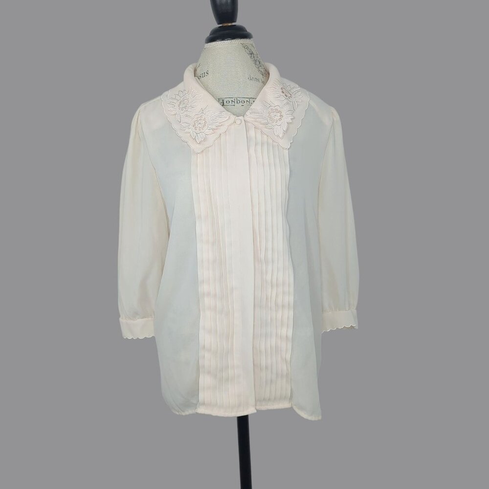 Vintage 80s Josephine Top Large Cream Pin Tuck Blouse